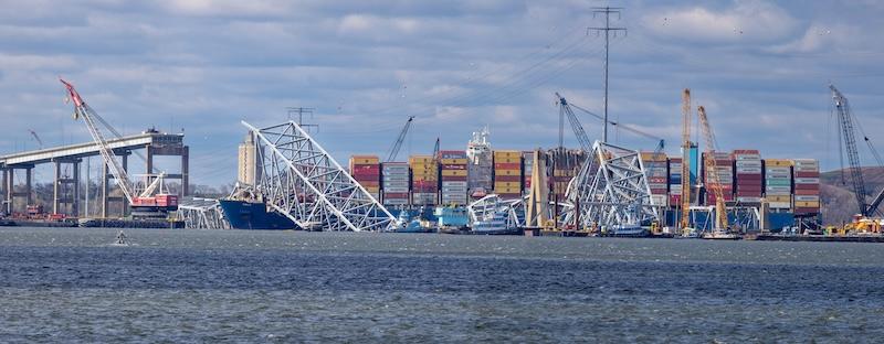 The Baltimore Francis Scott Key Bridge after it collapsed. Photo from Getty Images.