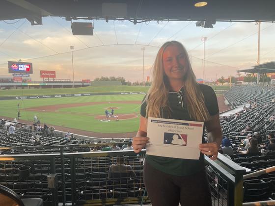 Abby Finch in a baseball stadium