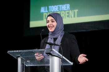ASCE chapter advisor Doaa Bondok speaks at the banquet