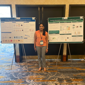 Kasarapu and the two posters she presented at the Commonwealth Cyber Initiative's 2024 Symposium